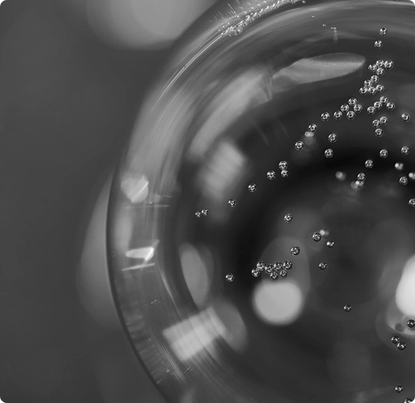 Macro fotografia in bianco e nero di calice di vino con bollicine di spumante che salgono attraverso il liquido, dettaglio artistico.